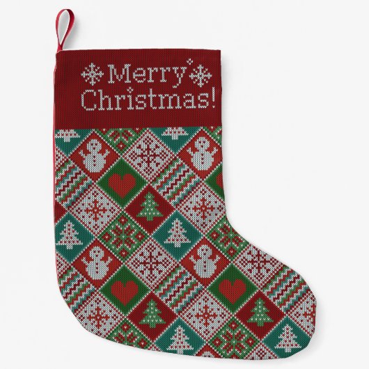 メリークリスマスレッドグリーン白ニットフェイクパターン スモールクリスマスストッキング (正面)