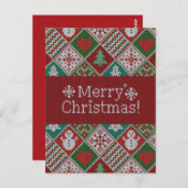 メリークリスマスレッドグリーン白ニットフェイクパターン ポストカード (正面/裏面)