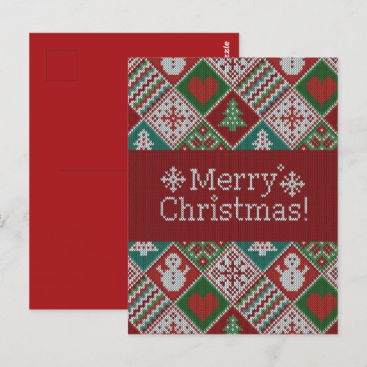 メリークリスマスレッドグリーン白ニットフェイクパターン ポストカード (正面/裏面)