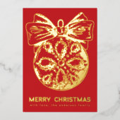 メリークリスマスレッドゴールデンオーナメント |写真 箔シーズンカード (正面)