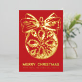 メリークリスマスレッドゴールデンオーナメント |写真 箔シーズンカード (立ち正面)