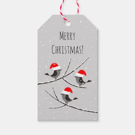 メリークリスマスレッドサンタハットバードスノーギフトラベル ギフトタグ (正面)
