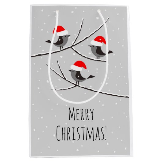 メリークリスマスレッドサンタハットバードスノーミディアムギ ミディアムペーパーバッグ (正面)