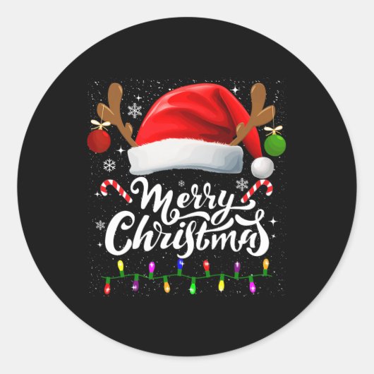 メリークリスマスレッドサンタハトトナカイクリスマスファミリー ラウンドシール (正面)