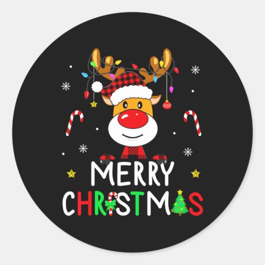 メリークリスマスレッドサンタハトトナカイクリスマスファミリー ラウンドシール (正面)