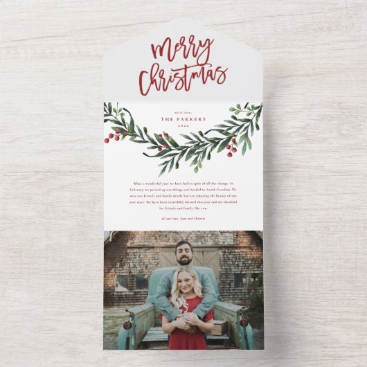 メリークリスマスレッドスクリプトウォーターカラーホリデー オールインワン招待状 (内側)