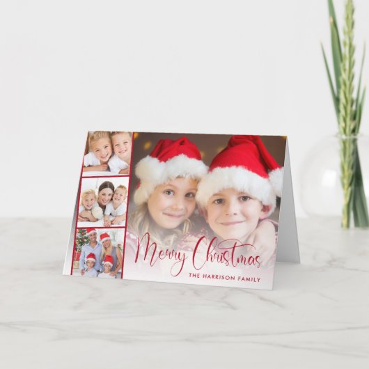 メリークリスマスレッドスクリプトフォトストリップ シーズンカード (正面)