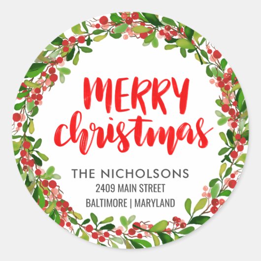 メリークリスマスレッドスクリプトホリデー差出人住所 ラウンドシール (正面)