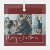メリークリスマスレッドスクリプト2フォトコラージホリデー ガラスオーナメント (正面)