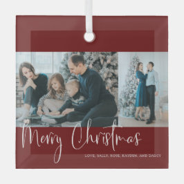 メリークリスマスレッドスクリプト2フォトコラージホリデー ガラスオーナメント