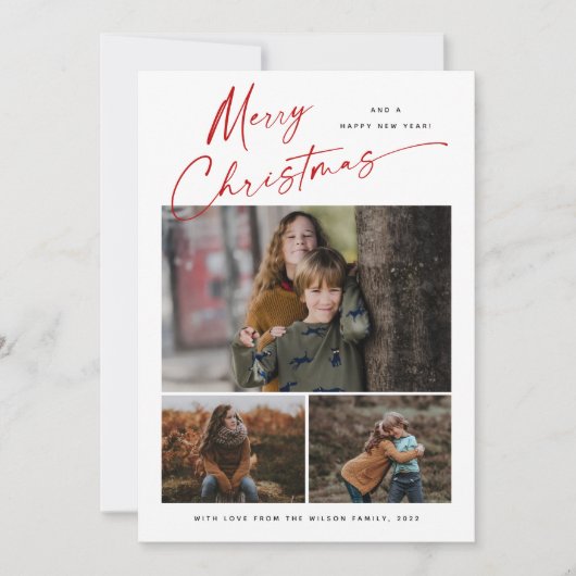 メリークリスマスレッドスクリプト3フォトコラージュ シーズンカード (正面)