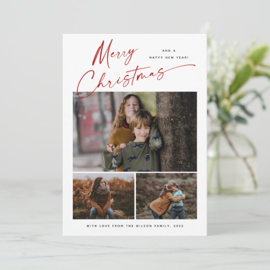 メリークリスマスレッドスクリプト3フォトコラージュ シーズンカード (スタンド正面)