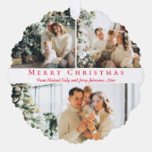 メリークリスマスレッドスクリプト3枚の写真コラーゲシック オーナメントカード (正面)