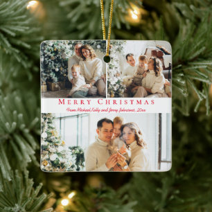 メリークリスマスレッドスクリプト3枚の写真コラージュ家族 セラミックオーナメント