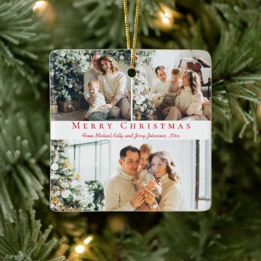 メリークリスマスレッドスクリプト3枚の写真コラージュ家族 セラミックオーナメント (ツリー)