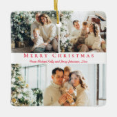 メリークリスマスレッドスクリプト3枚の写真コラージュ家族 セラミックオーナメント (正面)