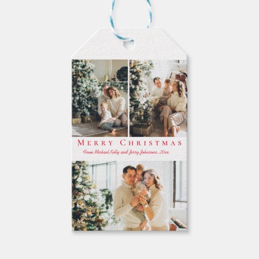 メリークリスマスレッドスクリプト3枚の写真集モダン ギフトタグ (正面)
