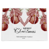 メリークリスマスレッドストライプのオーナメントホリデー ラージペーパーバッグ (正面)