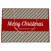 メリークリスマスレッドストライプのグリーンパターン大Gi ラージペーパーバッグ (正面)