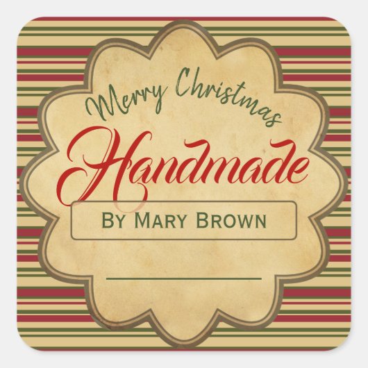 メリークリスマスレッドストライプのグリーン手作りヴィンテージ スクエアシール (正面)