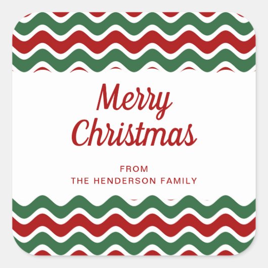 メリークリスマスレッドストライプのグリーン白 スクエアシール (正面)