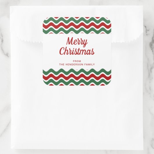 メリークリスマスレッドストライプのグリーン白 スクエアシール (バッグ)