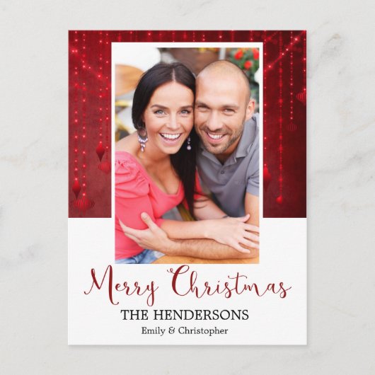 メリークリスマスレッドストリングライトオーナメント写真 シーズンポストカード (正面)