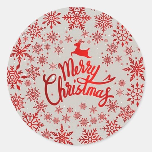 メリークリスマスレッドスノーフレークスホリデーステッカー ラウンドシール (正面)
