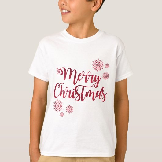 メリークリスマスレッドスノーフレークタイポグラフィ Tシャツ (正面)