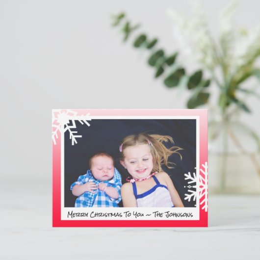 メリークリスマスレッドスノーフレーク家族の写真カード ポストカード (スタンド正面)