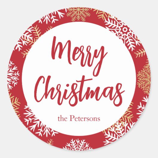 メリークリスマスレッドスノーフレーク ラウンドシール (正面)