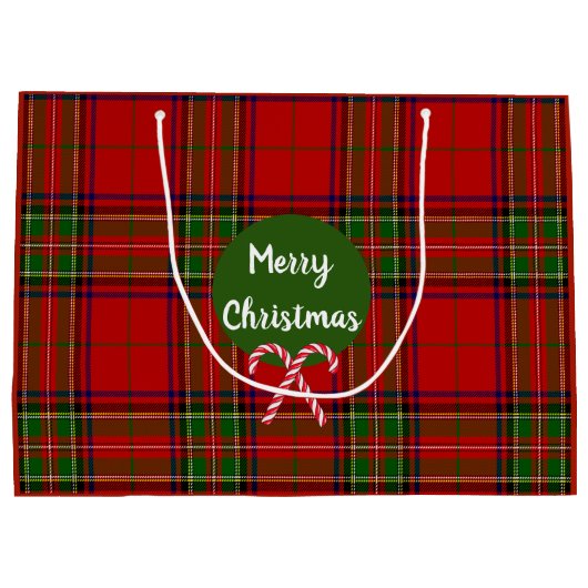 メリークリスマスレッドタータンチェックプレイドキャンディーキャン ラージペーパーバッグ (裏面)