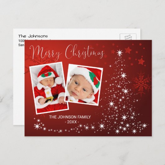 メリークリスマスレッドツリーきらきら光雪写真 シーズンポストカード (正面/裏面)