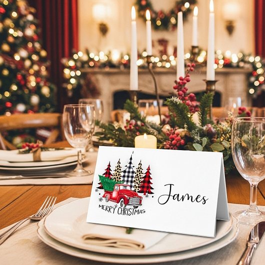 メリークリスマスレッドトラックと木 プレイスカード