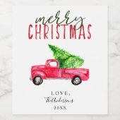 メリークリスマスレッドトラックツリーホリデーウォーターカラー ワインラベル (シングルラベル)