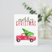 メリークリスマスレッドトラックツリー水の色シンプル シーズンポストカード (スタンド正面)