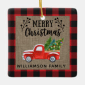 メリークリスマスレッドトラックバッファローチェックファミリー セラミックオーナメント (正面)