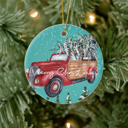 メリークリスマスレッドトラック冬の雪 セラミックオーナメント (ツリー)