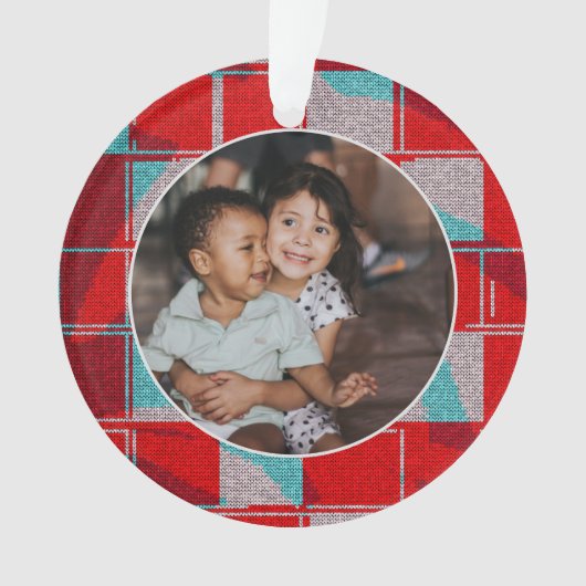 メリークリスマスレッドニット編み物家族写真 オーナメント (正面)