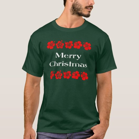 メリークリスマスレッドハイビスカスハワイアンTシャツ Tシャツ (正面)
