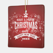 メリークリスマスレッドハッピーニューイヤー+家族の写真 セラミックオーナメント (左)