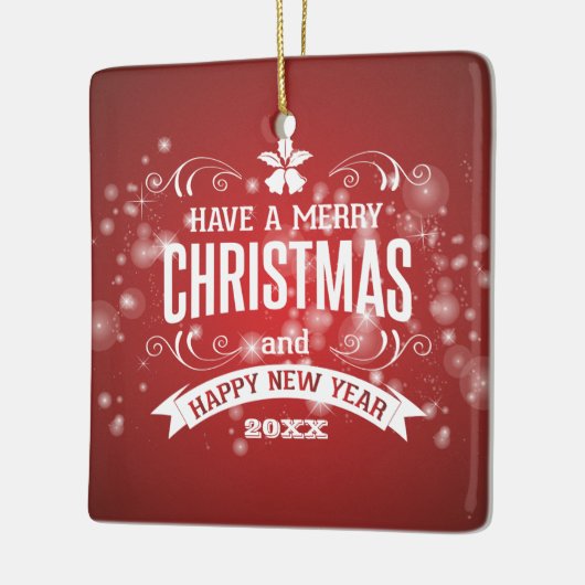 メリークリスマスレッドハッピーニューイヤー+家族の写真 セラミックオーナメント (左)