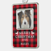 メリークリスマスレッドバッファローチェック犬の写真 シルバープレートフレームオーナメント (左)