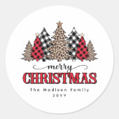 メリークリスマスレッドバッファロープレイドとヒョウの木 ラウンドシール (正面)