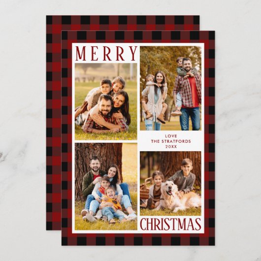 メリークリスマスレッドバッファロープレイド4フォトコラージュ シーズンカード (正面/裏面)