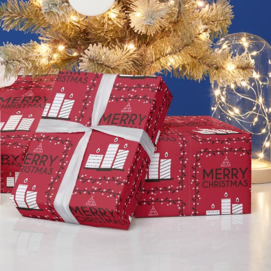 メリークリスマスレッドパターンホワイトキャンドル ラッピングペーパー (クリスマス)