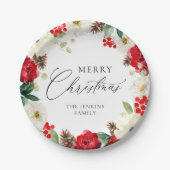 メリークリスマスレッドパーソナライズされたフローラ ペーパープレート (正面)