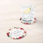 メリークリスマスレッドパーソナライズされたフローラ ラウンドペーパーコースター (インサイチュ)