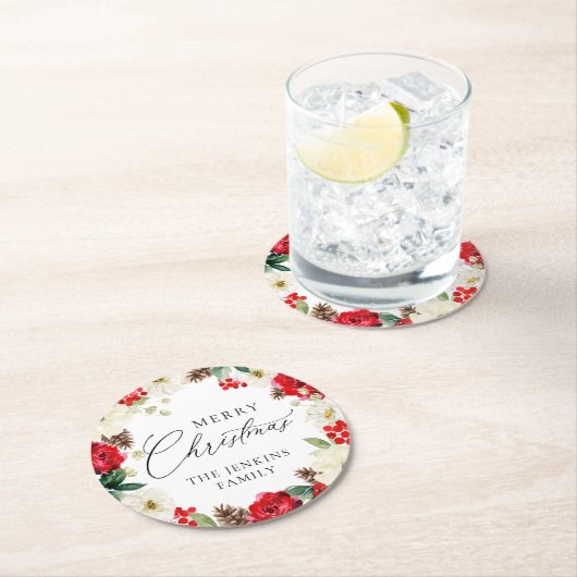 メリークリスマスレッドパーソナライズされたフローラ ラウンドペーパーコースター (インサイチュ)