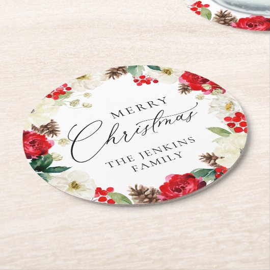 メリークリスマスレッドパーソナライズされたフローラ ラウンドペーパーコースター (アングル)